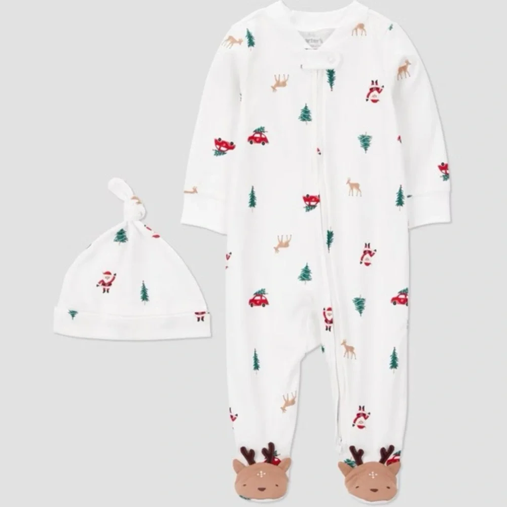 Carter's nwt Baby Christmas Village Sleep N' Play with Hat - Off-White